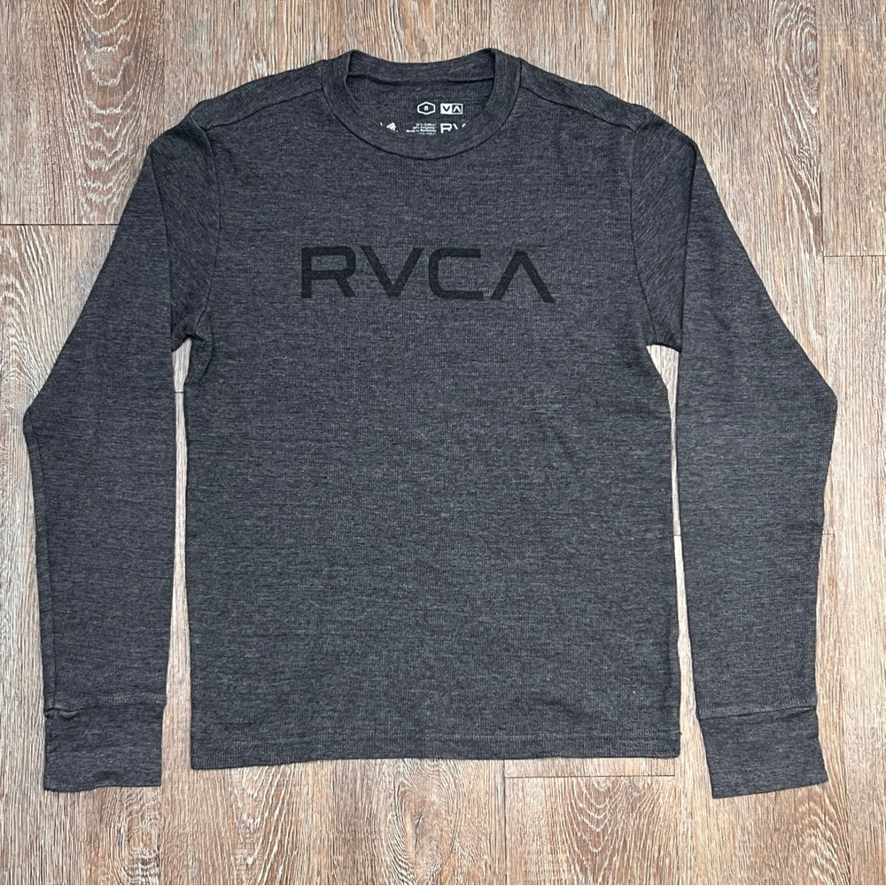 RVCA Mens Charcoal Big Logo Long Sleeve Waffle Knit Crewneck Top | Size: S
